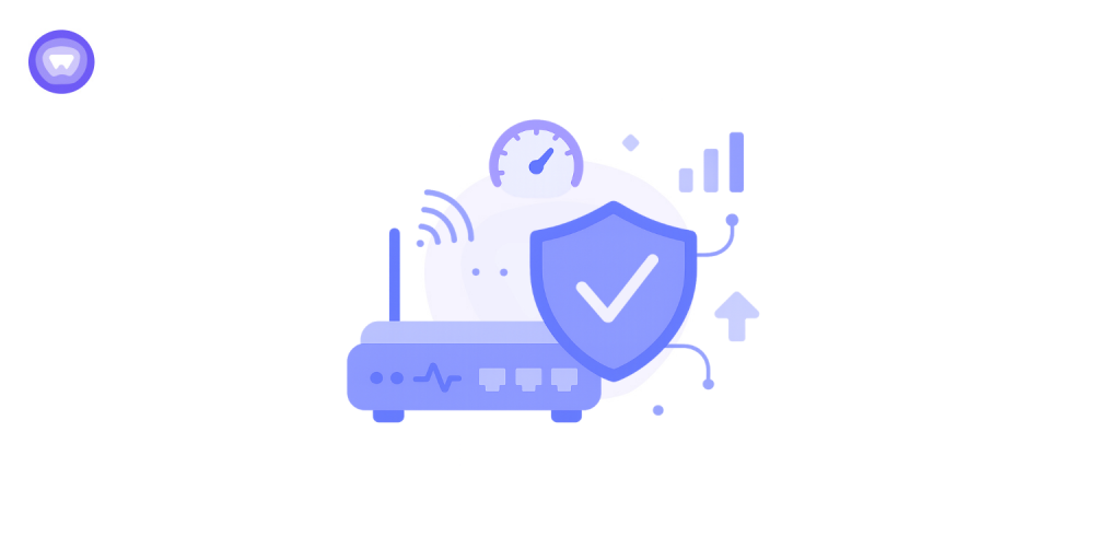 Illustration representing a secure network with a router and shield icon, symbolizing protection and performance of the EdgeRouter VPN client.