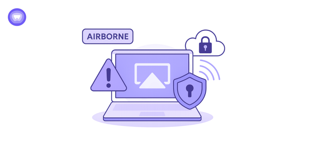 Illustration depicting an AirPlay-enabled device with warning icons, a lock, and shield symbols, highlighting the Airborne vulnerability risk.