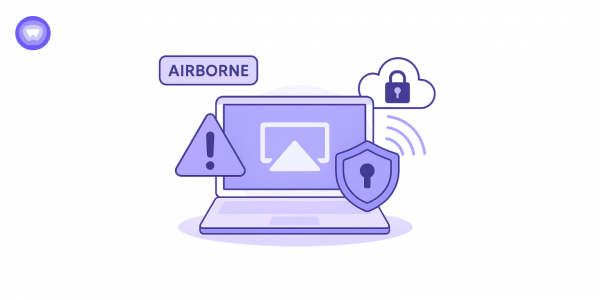 Illustration depicting an AirPlay-enabled device with warning icons, a lock, and shield symbols, highlighting the Airborne vulnerability risk.