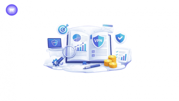3D illustration featuring an open book with VPN shield icons, charts, a laptop, and coins on a white background.